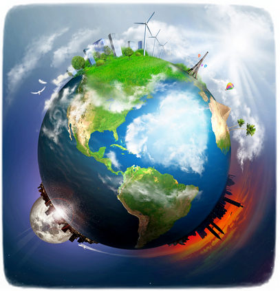 Earth with different elements on its surface and big heart of cl