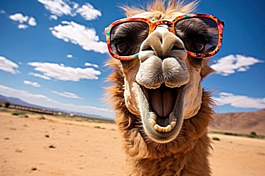 Smiling camel wearing sunglasses in the desert