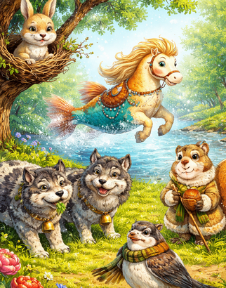 казкові тварини у країні Плутанії зайчик на гілці рибка-кінь вовки на траві і соловей у кожушку