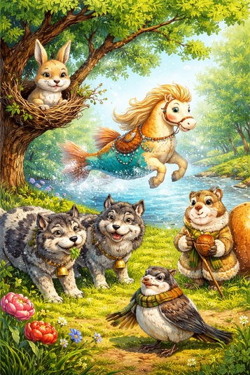 казкові тварини у країні Плутанії зайчик на гілці рибка-кінь вовки на траві і соловей у кожушку