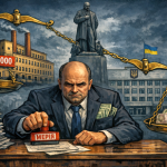 політична карикатура з чиновником у Черкасах на фоні міськради та тютюнової фабрики з сумою 30 мільйонів і символічною оплатою 12.66 грн