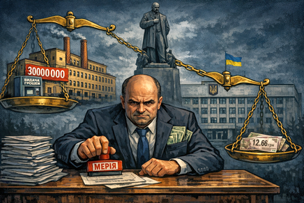 політична карикатура з чиновником у Черкасах на фоні міськради та тютюнової фабрики з сумою 30 мільйонів і символічною оплатою 12.66 грн